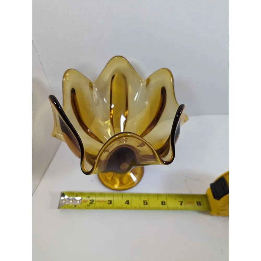 Vtg Viking Amber Gold Glass Handkerchief Pedestal 8